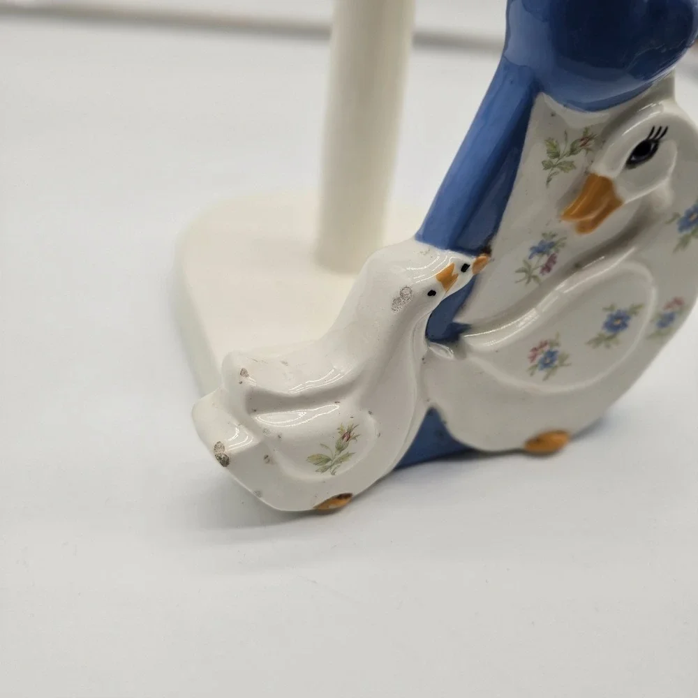 Vtg Cottagecore‎ Ceramic Duck Goose Paper Towel Roll Holder Stand Blue Bonnet